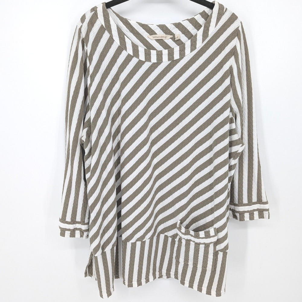 Soft Surroundings Top Striped 3/4 Sleeve Womens 2X Green White‎ Tunic Artsy